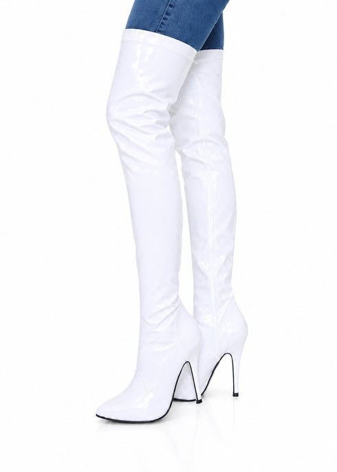 Women's White Thigh High Over The Knee Stiletto Boots Faux Leather Zip G-051