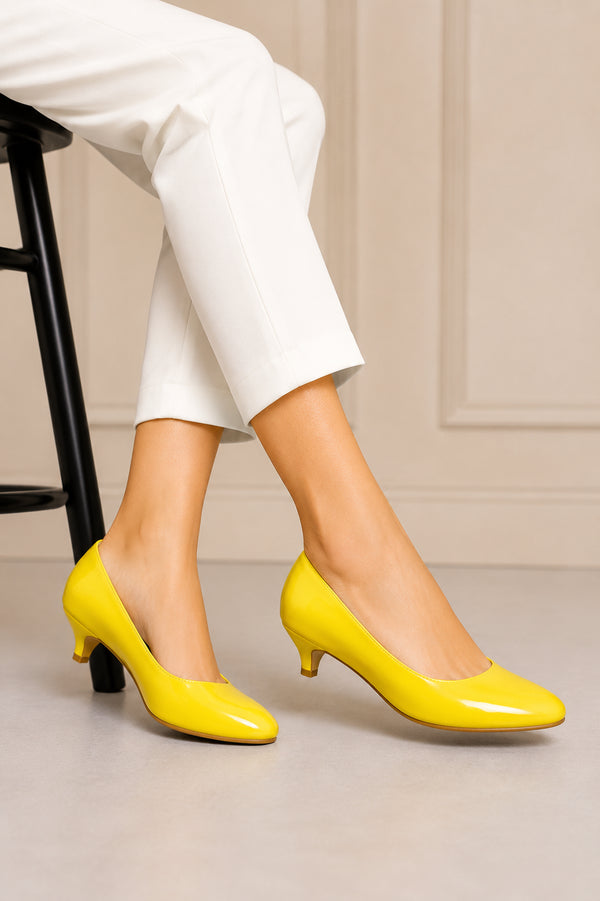 Women Round Toe Kitten Heel Shoes Yellow Patent G-20