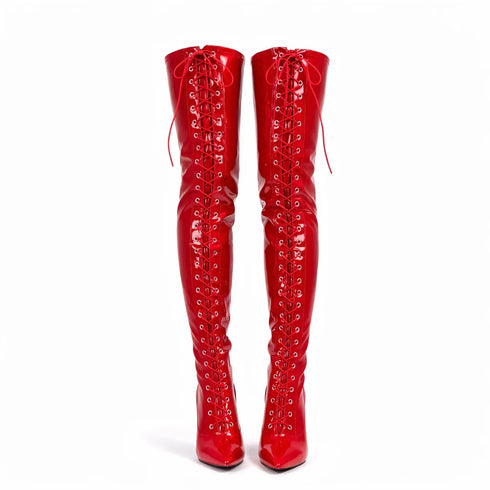 Women's Red Patent Thigh High Over The Knee Front Lace Up Stiletto Boots 11720