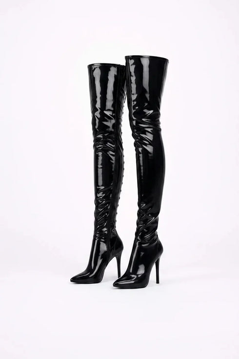 Women's Black Thigh High Back Lace Up Stiletto Boots Over The Knee 12748