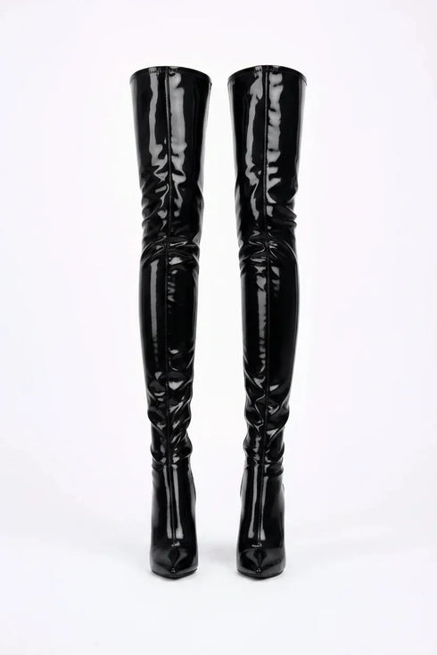 Women's Black Thigh High Back Lace Up Stiletto Boots Over The Knee 12748
