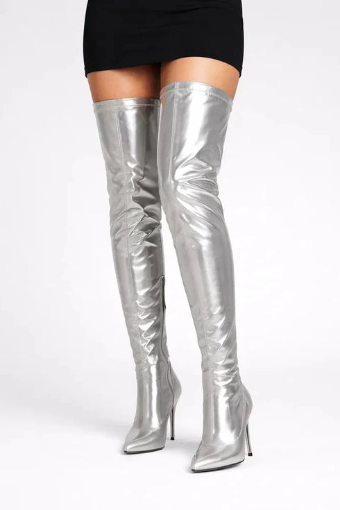 Women's Silver Thigh High Over The Knee Stiletto Boots Zip 12051