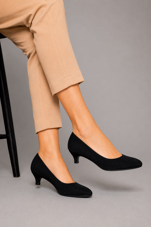 Women Round Toe Kitten Heel Shoes Black Suede G-20 PLUS