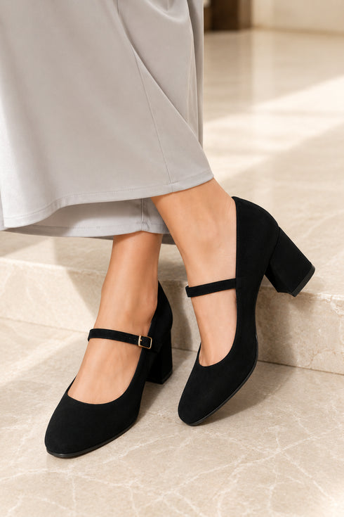 Black Suede Round Toe Block Kitten Heel Mary Jane Shoes – G-1830-3