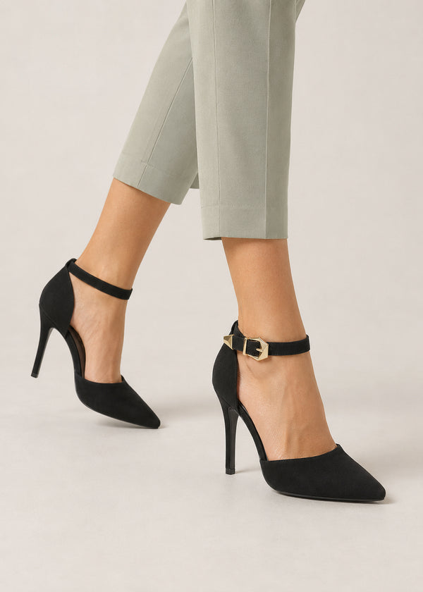 Women's Black Suede Ankle Strap Stiletto Court Shoes Pointed Toe 221