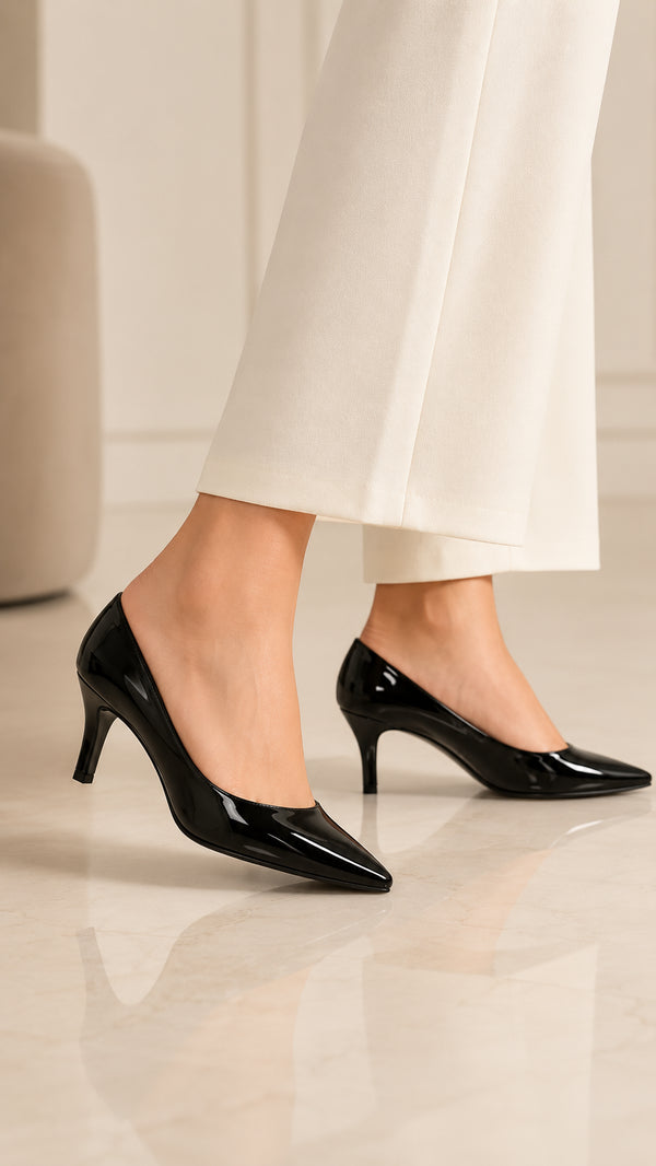 Womens Mid Heels Pointed Toe Party Court Shoes- Black Patent G-923-7
