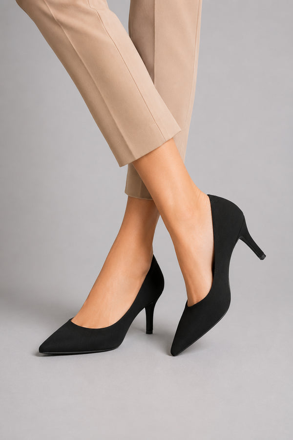 Womens Mid Heels Pointed Toe Party Court Shoes- Black Suede G-923-1
