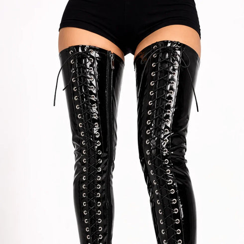 Women's Black Patent Thigh High Over The Knee Front Lace Up Stiletto Boots 11720