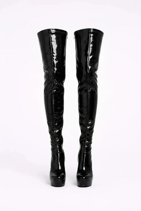 Women's Black Patent Thigh High Over The Knee Stiletto Boots Zip 14777