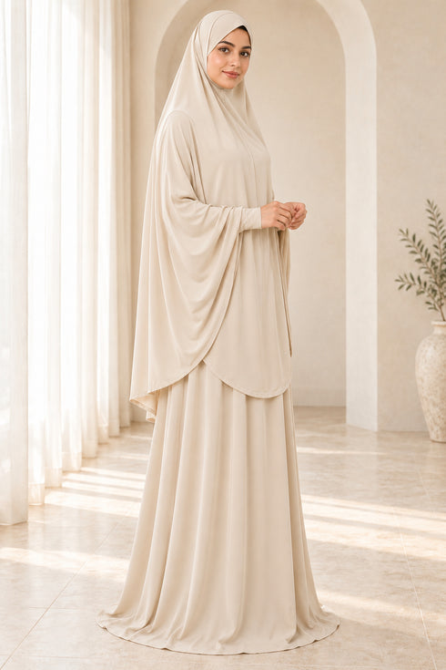 Women’s Two-Piece Prayer Set with Short Khimar and Elastic Waist Skirt