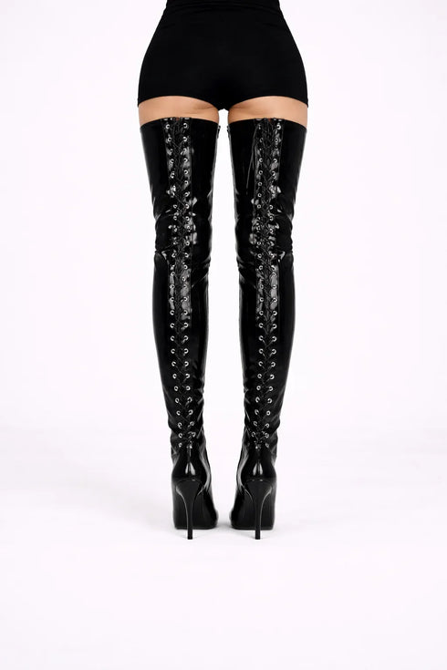 Women's Black Thigh High Back Lace Up Stiletto Boots Over The Knee 12748