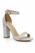 Women's Silver Shimmer Glitter Chunky Block High Heel Ankle Strap Peep Toe Sandals-BS 1810
