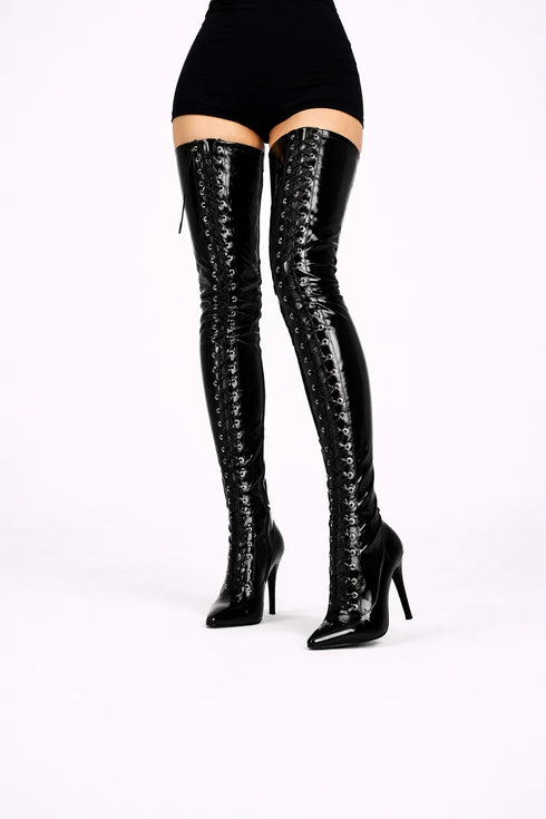 Women's Black Patent Thigh High Over The Knee Front Lace Up Stiletto Boots 11720