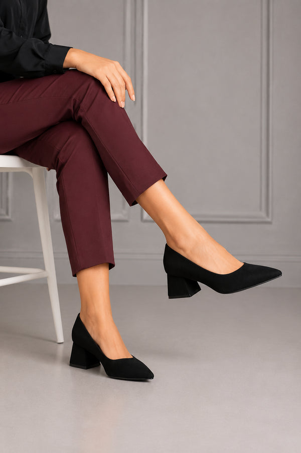 Women's Black Block Heel Court Shoes G-225-3