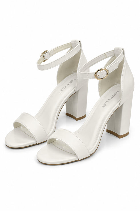 Women's White Matte Chunky Block High Heel Ankle Strap Peep Toe Sandals-BS 1810
