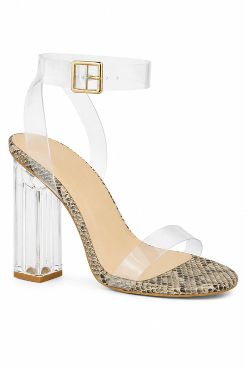 Women's Snake Print Clear Strap Block Perspex High Heel Sandals-BS-71