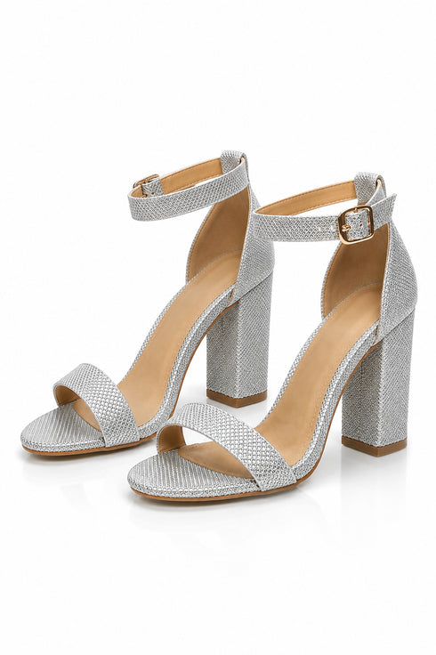 Women's Silver Shimmer Glitter Chunky Block High Heel Ankle Strap Peep Toe Sandals-BS 1810