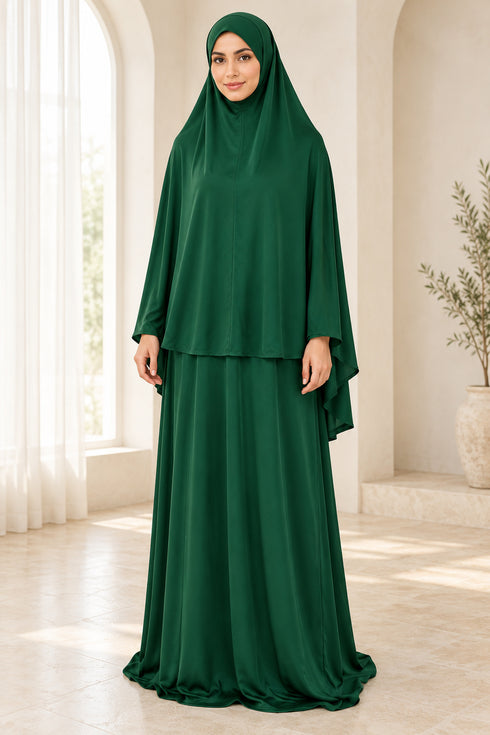 Women’s Two-Piece Prayer Set with Short Khimar and Elastic Waist Skirt