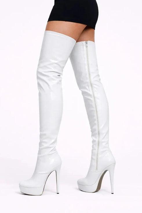 Women's White Patent Thigh High Over The Knee Stiletto Boots Zip 14777