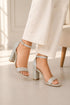 Silver Block Heel Ankle Strap Sandals Peep Toe Buckle Glitter Mesh - G-1810