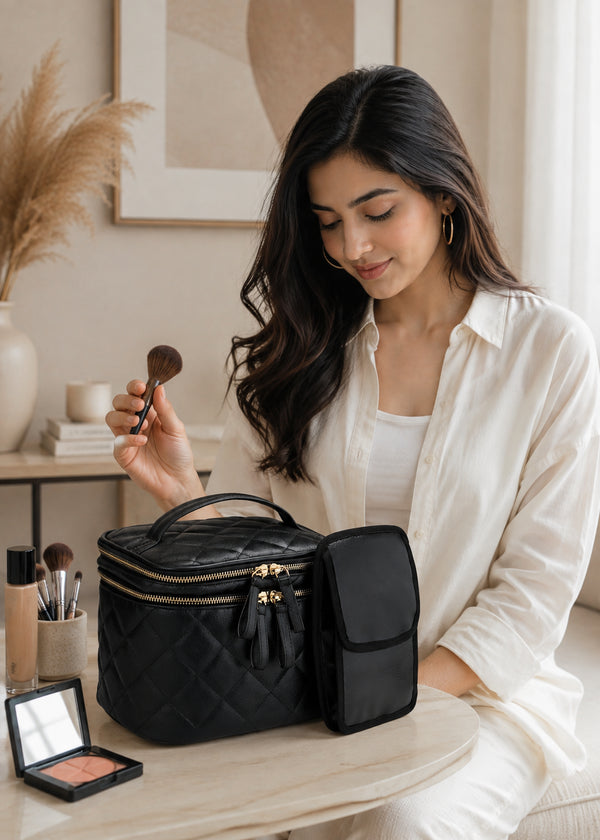Essentials Women’s Quilted Makeup Bag with Brush Storage, Dual Compartments and Carry Handle