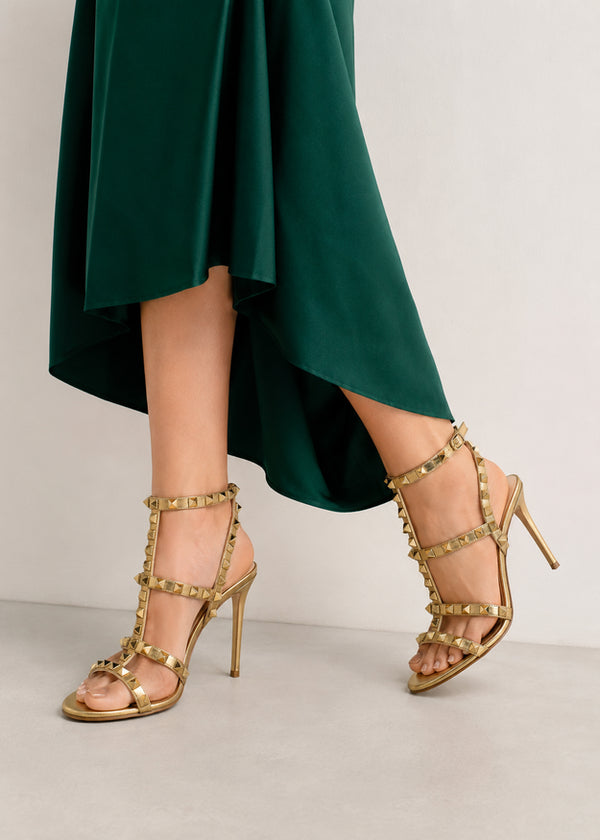 Women's Rose Gold Patent Gladiator Stiletto Heel Sandals Multi Strap Open Toe BS-5