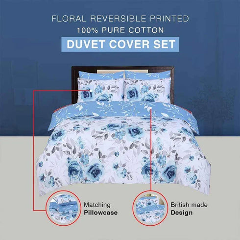 100% Cotton Duvet Cover Set | Soft and Stylish Blue Roses Print