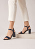 Women's Navy Blue Patent Ankle Strap Block Heel Sandals Open Toe Buckle 1840