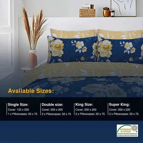 Pure Cotton Printed Duvet Cover - Premium Quality - Navy Mustard Roses