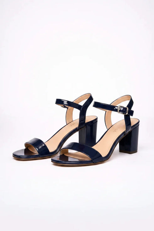 Women's Navy Blue Patent Ankle Strap Block Heel Sandals Open Toe Buckle 1840