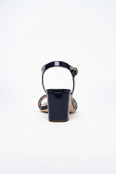 Women's Navy Blue Patent Ankle Strap Block Heel Sandals Open Toe Buckle 1840