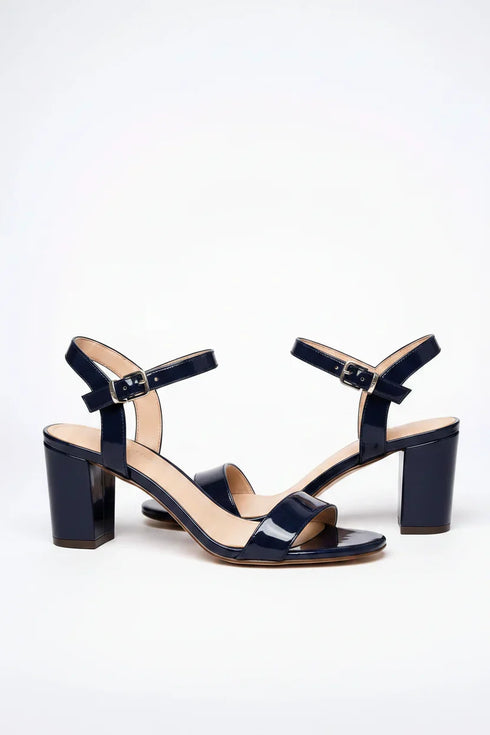 Women's Navy Blue Patent Ankle Strap Block Heel Sandals Open Toe Buckle 1840