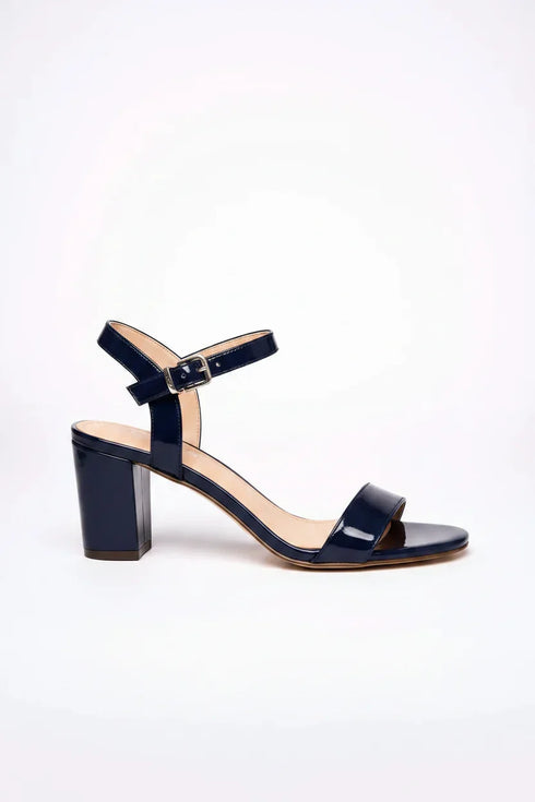 Women's Navy Blue Patent Ankle Strap Block Heel Sandals Open Toe Buckle 1840