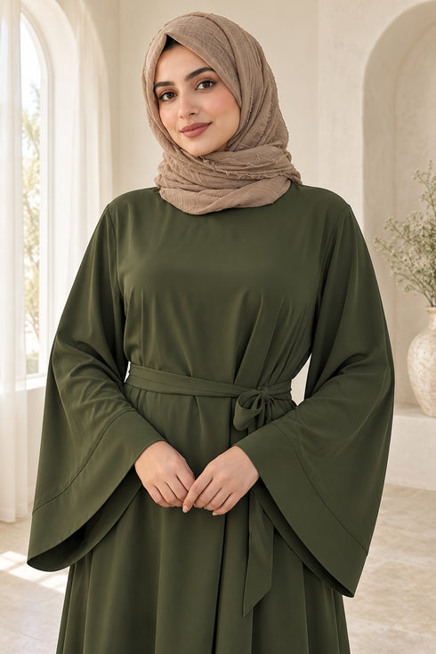 Women’s Plain Abaya Maxi Dress with Long Sleeves and Self-Tie Belt