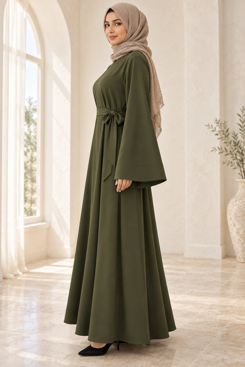 Women’s Plain Abaya Maxi Dress with Long Sleeves and Self-Tie Belt