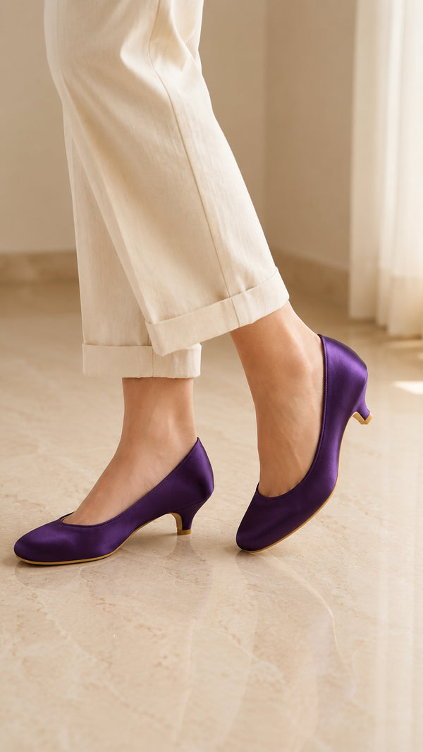 Women Round Toe Kitten Heel Shoes Purple Satin G-20