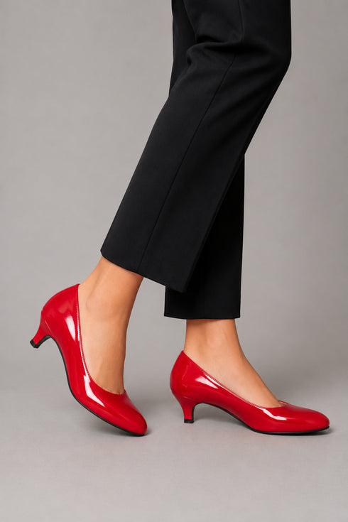 Women Round Toe Kitten Heel Shoes Red Patent G-20 PLUS