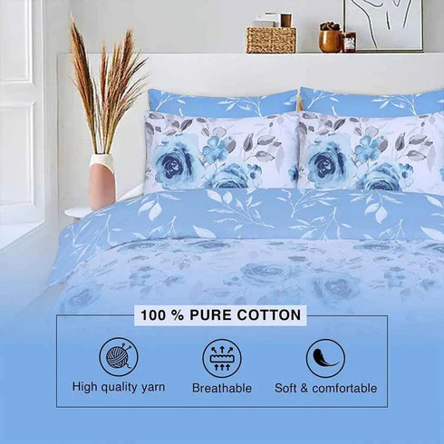 100% Cotton Duvet Cover Set | Soft and Stylish Blue Roses Print