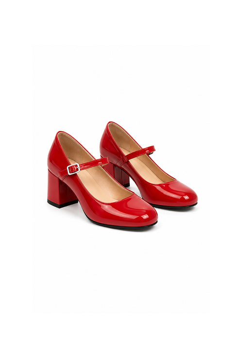 Red Patent Round Toe Block Heel Mary Jane Strap Shoes G-1830-3