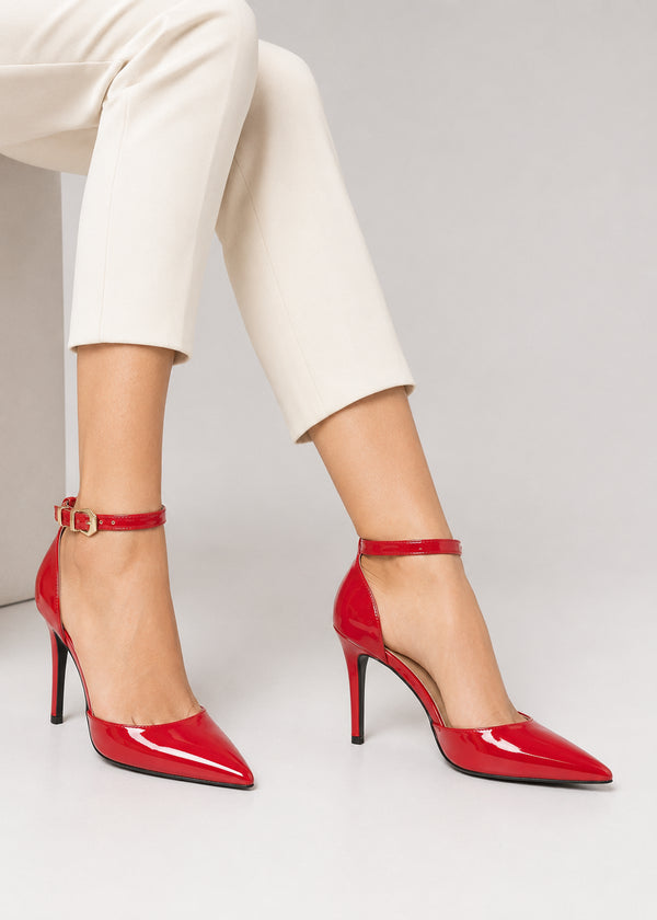 Women's Red Patent Ankle Strap Stiletto Court Shoes Pointed Toe 221