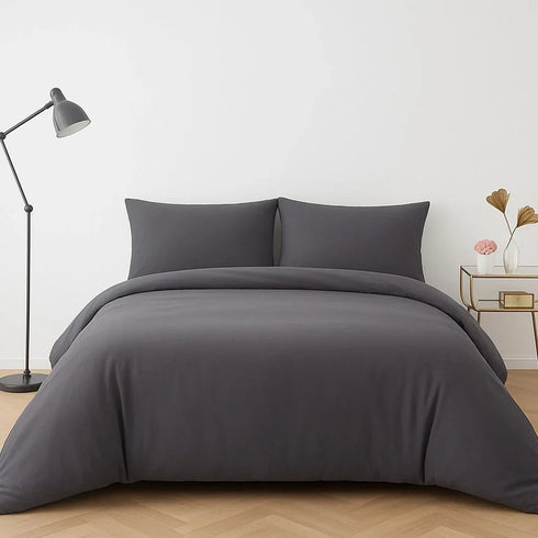 4 Piece Complete Bedding Set Duvet Cover Set With Fitted Bed Sheet & Pillowcases - Grey