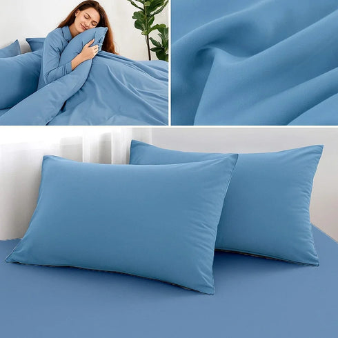 4 Piece Complete Bedding Set Duvet Cover Set With Fitted Bed Sheet & Pillowcases - Mid Blue