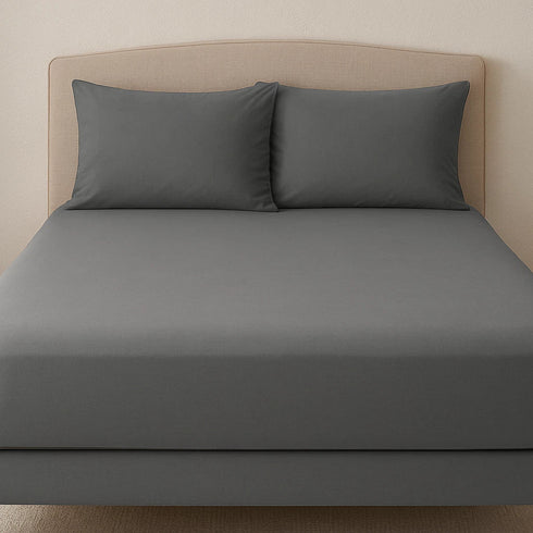 4 Piece Complete Bedding Set Duvet Cover Set With Fitted Bed Sheet & Pillowcases - Grey