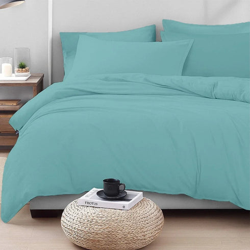 4 Piece Complete Bedding Set Duvet Cover Set With Fitted Bed Sheet & Pillowcases - Duck Egg