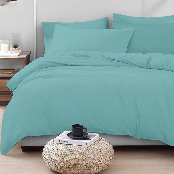 4 Piece Complete Bedding Set Duvet Cover Set With Fitted Bed Sheet & Pillowcases - Duck Egg