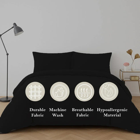 4 Piece Complete Bedding Set Duvet Cover Set With Fitted Bed Sheet & Pillowcases - Black