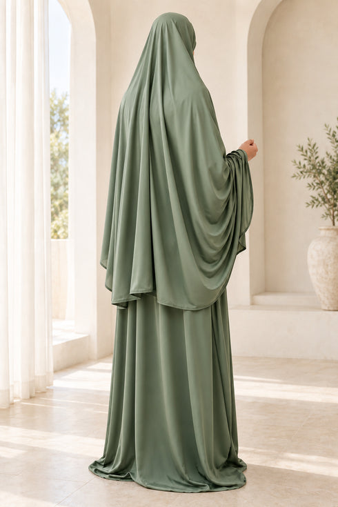Women’s Two-Piece Prayer Set with Short Khimar and Elastic Waist Skirt