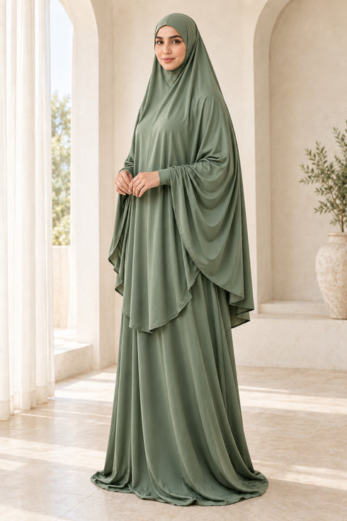 Women’s Two-Piece Prayer Set with Short Khimar and Elastic Waist Skirt