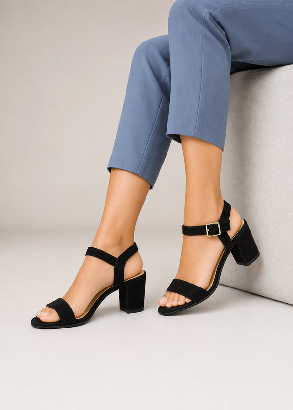 Women's Black Suede Ankle Strap Block Heel Sandals Open Toe Buckle 1840