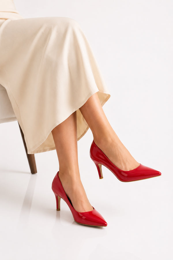 Mid Heels Pointed Toe Party Court Shoes- Red Patent G-923-5